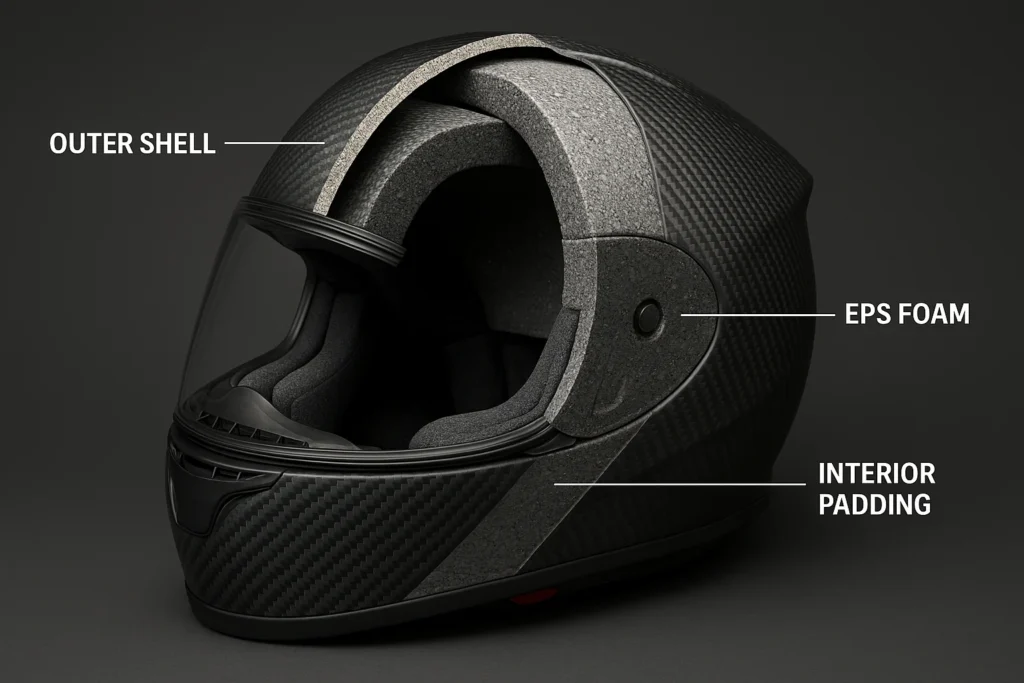 What Are Motorcycle Helmets Made Of: Helmet Materials Used 1 What Are Motorcycle Helmets Made Of & Why Knowing Helmet Materials Matters for Riders